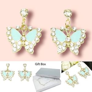 18K gold plated crystal light blue butterfly drop earrings with silver post